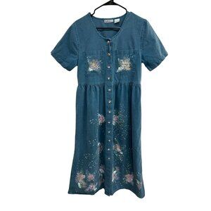 Vintage Sunbelt Denim Button-Front Floral Painted Summer Midi Dress Size Small
